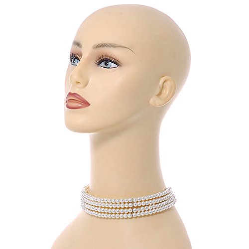 4 Row Light Cream Faux Glass Pearl Rigid Choker Necklace with Silver Tone Closure - 38cm L/ 5cm Ext