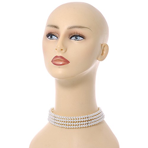 4 Row Light Cream Faux Glass Pearl Rigid Choker Necklace with Silver Tone Closure - 38cm L/ 5cm Ext