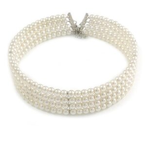 4 Row Light Cream Faux Glass Pearl Rigid Choker Necklace with Silver Tone Closure - 38cm L/ 5cm Ext