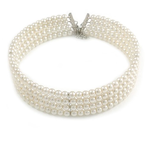 4 Row Light Cream Faux Glass Pearl Rigid Choker Necklace with Silver Tone Closure - 38cm L/ 5cm Ext