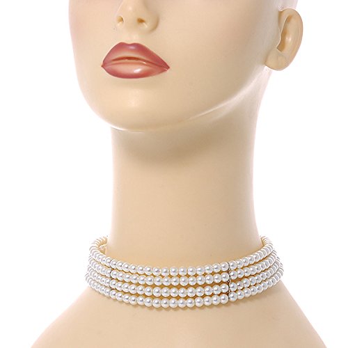 4 Row Light Cream Faux Glass Pearl Rigid Choker Necklace with Silver Tone Closure - 38cm L/ 5cm Ext