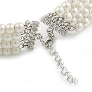 4 Row Light Cream Faux Glass Pearl Rigid Choker Necklace with Silver Tone Closure - 38cm L/ 5cm Ext