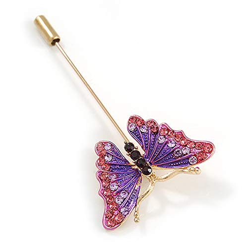 Gold Tone Pink/Purple Enamel Crystal Butterfly Lapel, Hat, Suit, Tuxedo, Collar, Scarf, Coat Stick Brooch Pin - 63mm Long