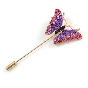 Gold Tone Pink/Purple Enamel Crystal Butterfly Lapel, Hat, Suit, Tuxedo, Collar, Scarf, Coat Stick Brooch Pin - 63mm Long