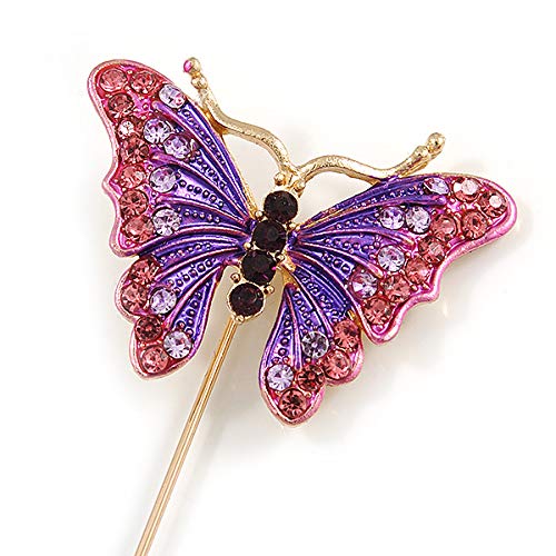 Gold Tone Pink/Purple Enamel Crystal Butterfly Lapel, Hat, Suit, Tuxedo, Collar, Scarf, Coat Stick Brooch Pin - 63mm Long