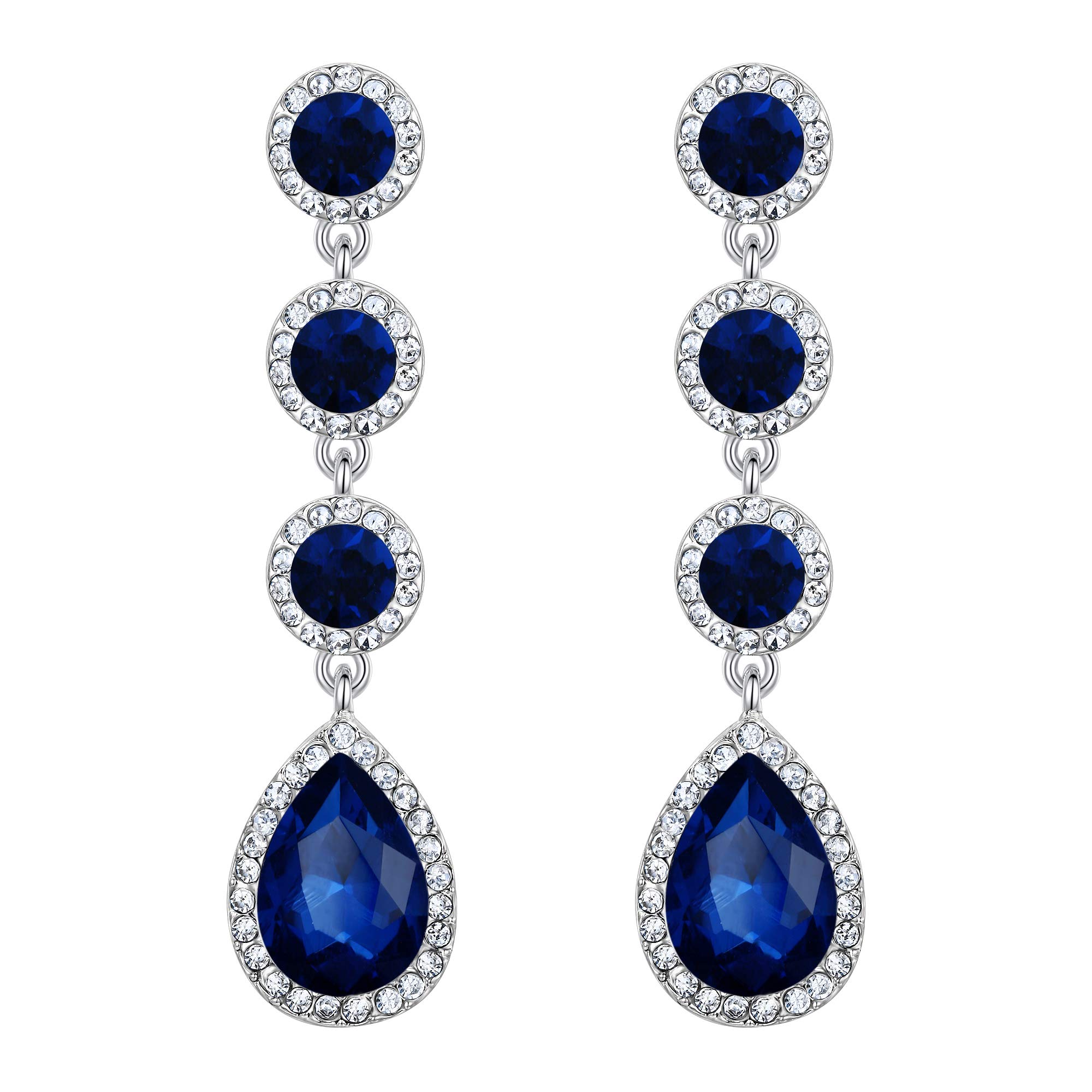 BriLove Wedding Bridal Dangle Earrings for Women Elegant Crystal Teardrop Chandelier Earrings Navy Blue Sapphire Color Silver-Tone