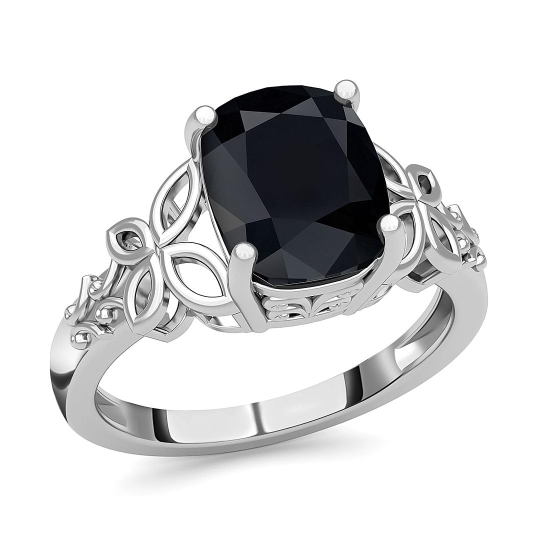 Shop LC Black Tourmaline Ring in 925 Sterling Silver - Unique Engagement Rings for Women - Vintage Flower Statement Solitaire Rings Size 7 - Cushion Cut Jewelry Birthday Gifts for Women