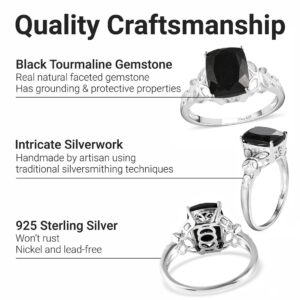 Shop LC Black Tourmaline Ring in 925 Sterling Silver - Unique Engagement Rings for Women - Vintage Flower Statement Solitaire Rings Size 7 - Cushion Cut Jewelry Birthday Gifts for Women