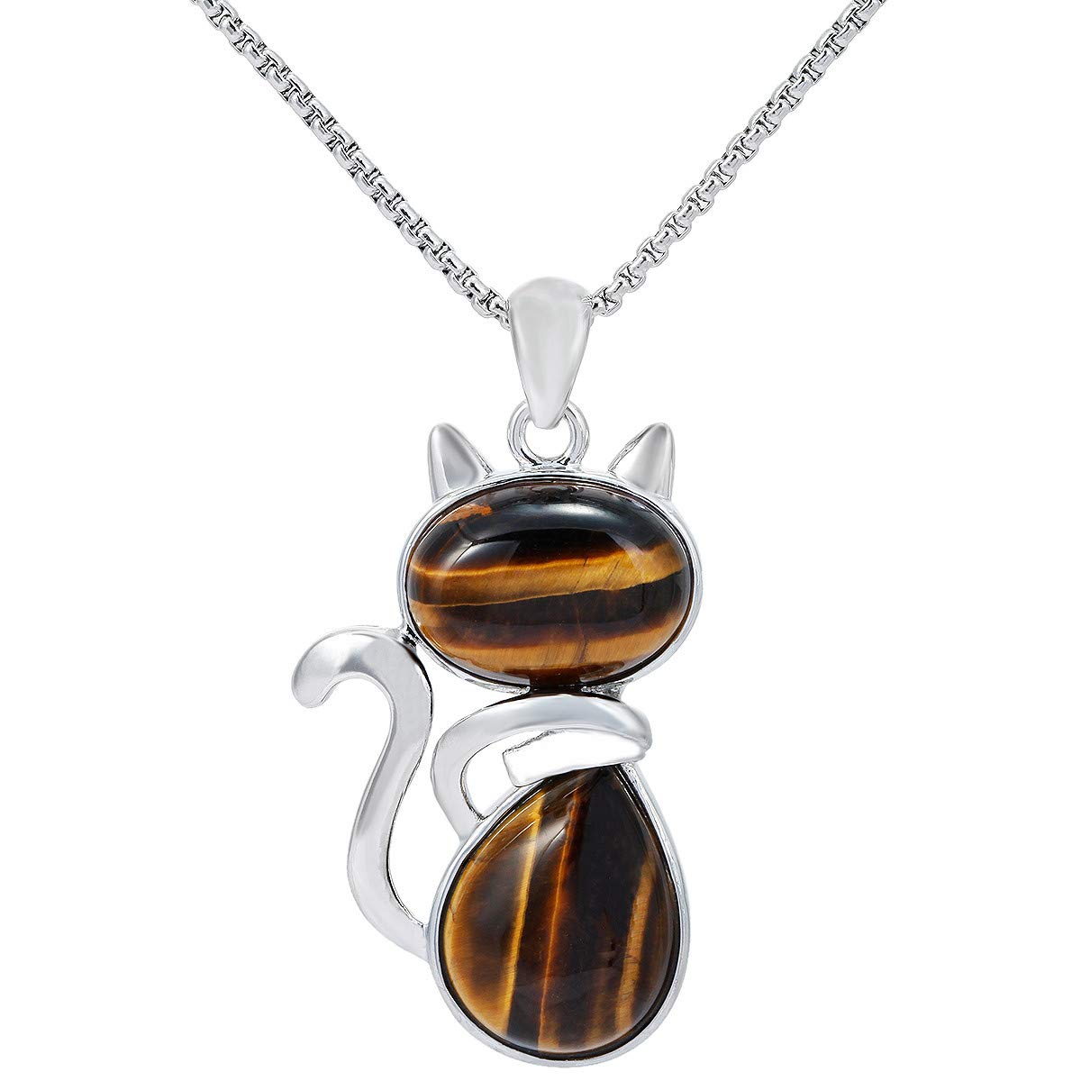 TUMBEELLUWA Stone Pendant Cat Healing Crystal Necklace Animal Energy Chakra Amulet Handmade Jewelry for Women,Tiger's Eye