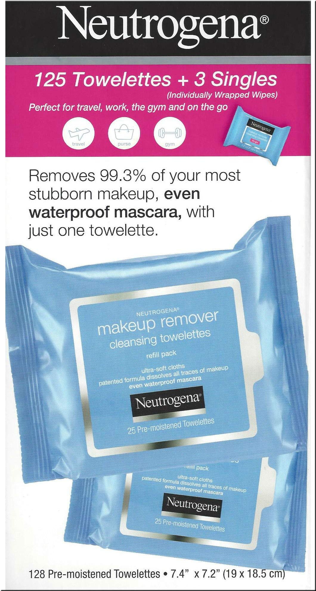 Neutrogena Makeup Remover Cleansing Towelettes, Daily Face Wipes to Remove Dirt, Oil, Makeup & Waterproof Mascara, 25 ct (5 pack + 3 Bonus Pouches)