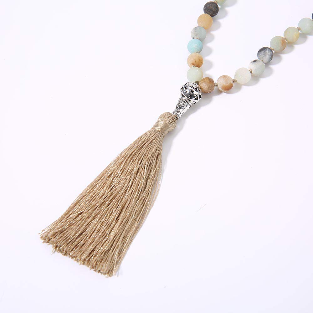 BALIBALI 108 Mala Beads Necklace Semi-Precious Gem Stones Meditation Necklace 108 Hand Knotted Japa Mala Beaded Tassel Necklace with Tree of Life Pendant