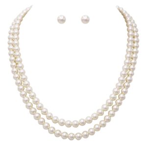 Rosemarie Collections Women's Double Strand Classic Cream Simulated Pearl Necklace and Earring Jewelry Set, 20" - 22.5" with 2.5" Extender