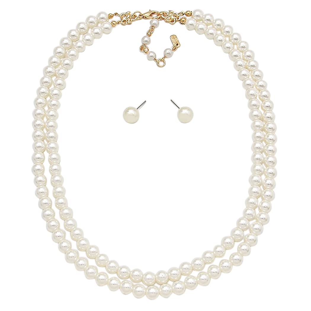 Rosemarie Collections Women's Double Strand Classic Cream Simulated Pearl Necklace and Earring Jewelry Set, 20" - 22.5" with 2.5" Extender