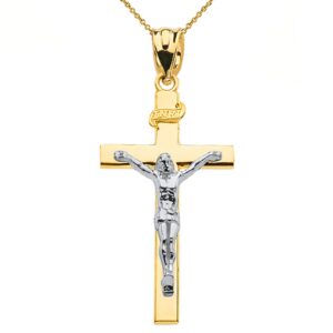 14k two-tone yellow gold linear cross inri crucifix pendant necklace (1.60"), 22"