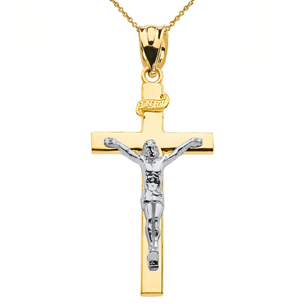 14k Two-Tone Yellow Gold Linear Cross INRI Crucifix Pendant Necklace (1.60"), 22"