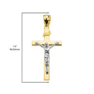 14k Two-Tone Yellow Gold Linear Cross INRI Crucifix Pendant Necklace (1.60"), 22"