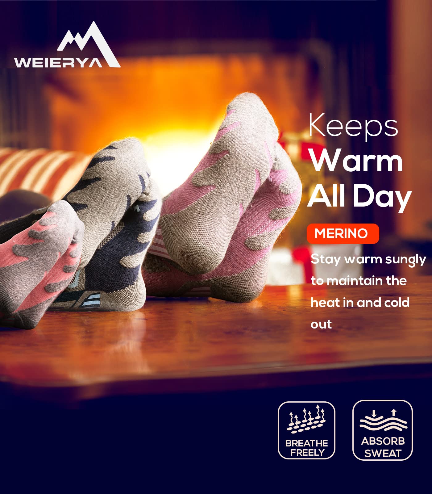 WEIERYA Ski Socks 2 Pairs Pack for Skiing, Snowboarding, Outdoor Sports Performance Socks Blue L 2 Pairs