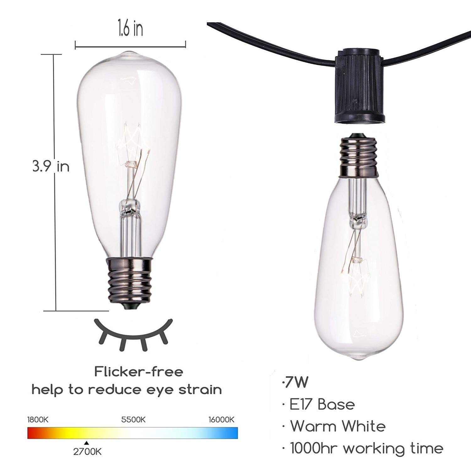 Romasaty 10-Pack Edison Light Bulbs ST40 Clear Replacement Bulbs-7 watts 120 Volts E17 Screw Base for Outdoor Indoor Patio Edison String Lights-Clear