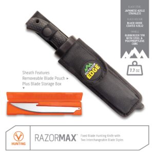 OUTDOOR EDGE RazorMax - Replaceable Fixed Blade Hunting Knife with 3.5" Drop-Point, 5" Boning/Fillet Blades, Belt Sheath and Detachable Blade Carrier (Black, 6 Blades)