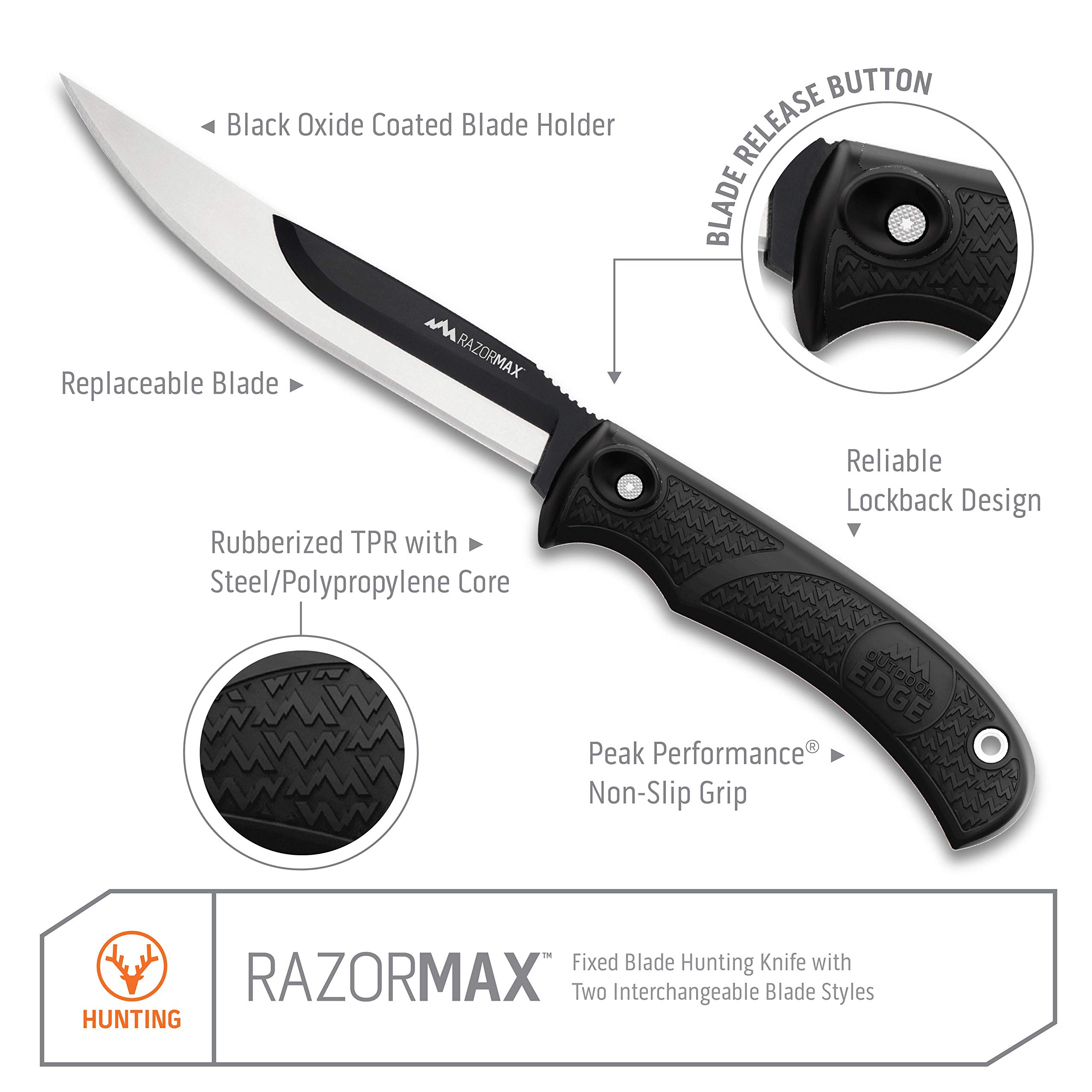 OUTDOOR EDGE RazorMax - Replaceable Fixed Blade Hunting Knife with 3.5" Drop-Point, 5" Boning/Fillet Blades, Belt Sheath and Detachable Blade Carrier (Black, 6 Blades)