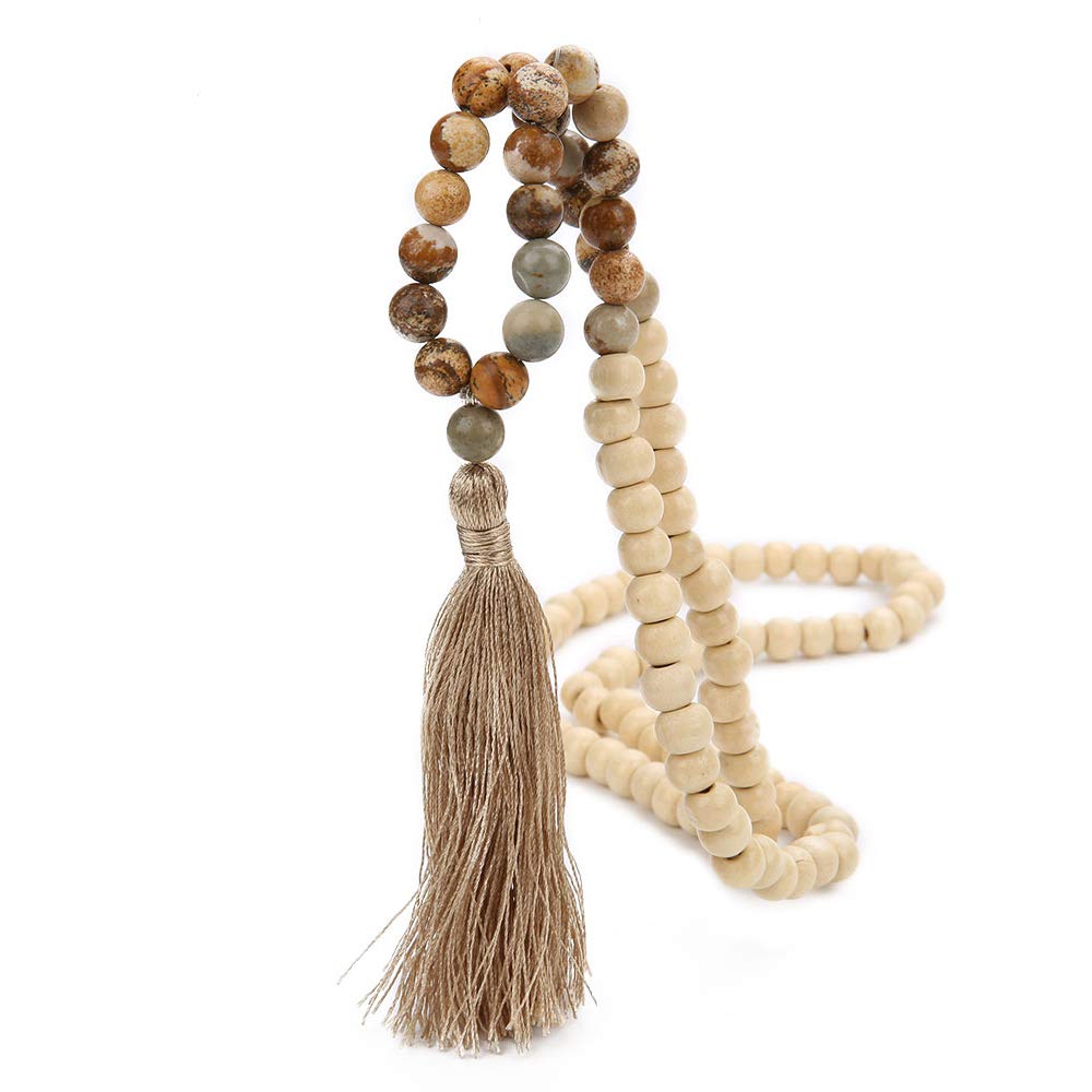 BALIBALI 8MM Semi-Precious Gem Stones Wood Mala Bead Necklace Multicolor Tassel Charms Chain Necklace Handmade Beaded Pendant Necklace for Women Men