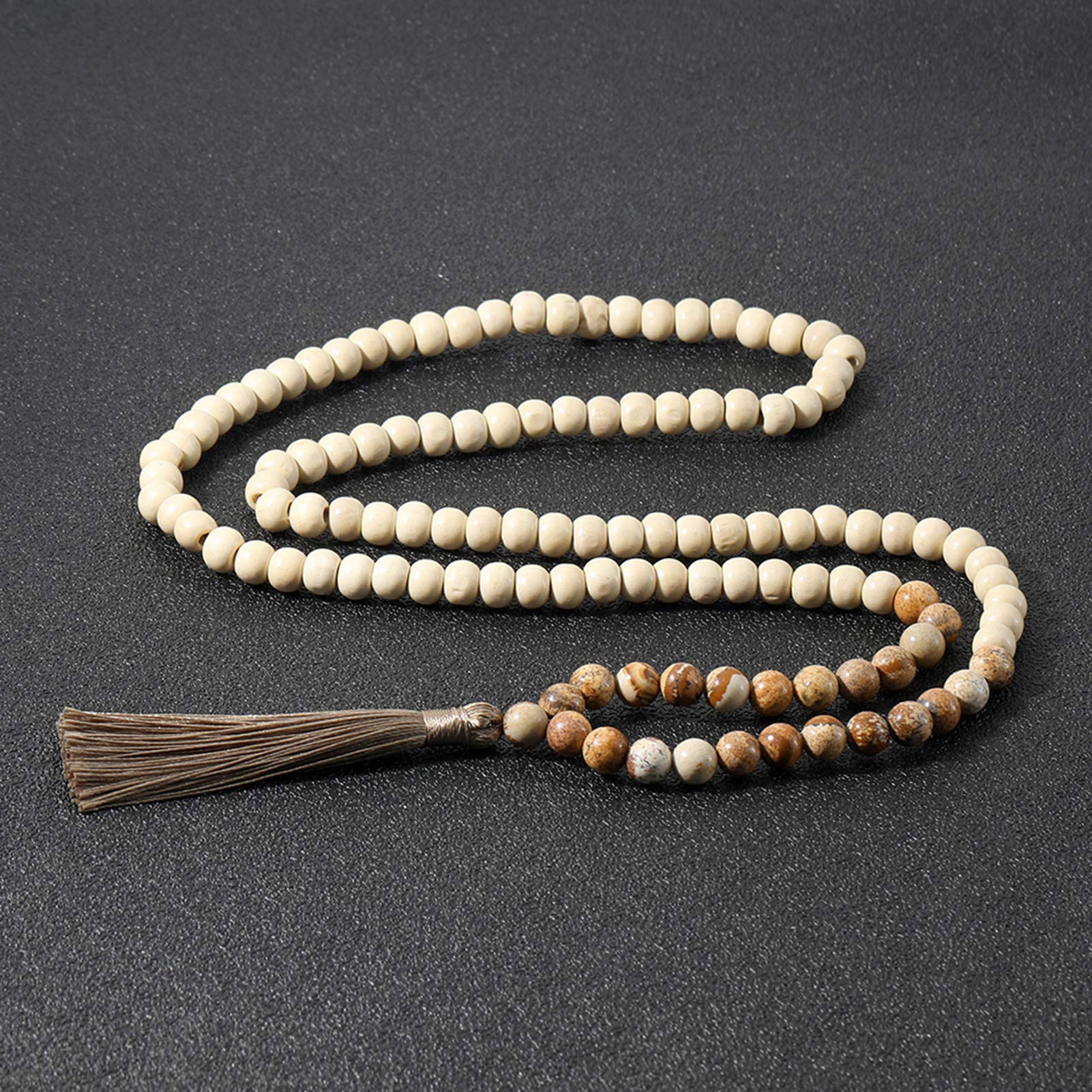 BALIBALI 8MM Semi-Precious Gem Stones Wood Mala Bead Necklace Multicolor Tassel Charms Chain Necklace Handmade Beaded Pendant Necklace for Women Men