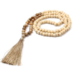 BALIBALI 8MM Semi-Precious Gem Stones Wood Mala Bead Necklace Multicolor Tassel Charms Chain Necklace Handmade Beaded Pendant Necklace for Women Men