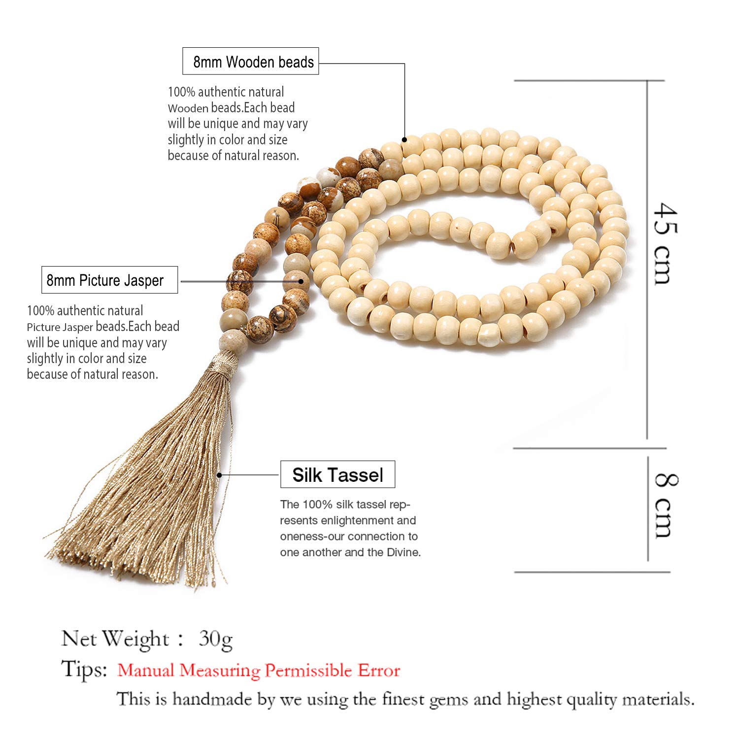 BALIBALI 8MM Semi-Precious Gem Stones Wood Mala Bead Necklace Multicolor Tassel Charms Chain Necklace Handmade Beaded Pendant Necklace for Women Men