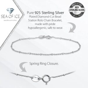 SEA OF ICE Sterling Silver 1mm Diamond-Cut Bead Station Rolo Chain Bracelet for Women, Size 7.25"