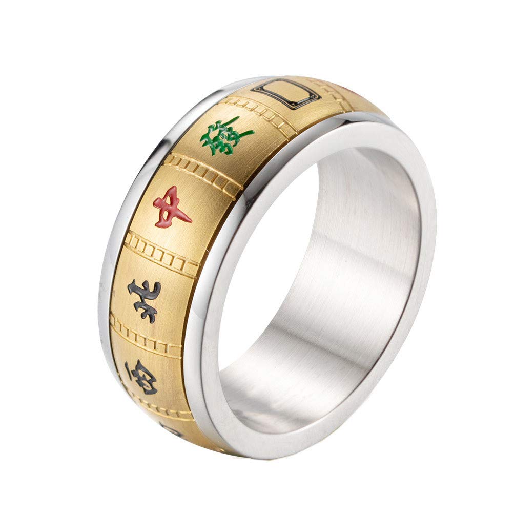 HIJONES Unisex Stainless Steel 9mm Wide Creative Mahjong Novelty Rotating Ring Good Luck Band for Men Women Gold Plated Size 7