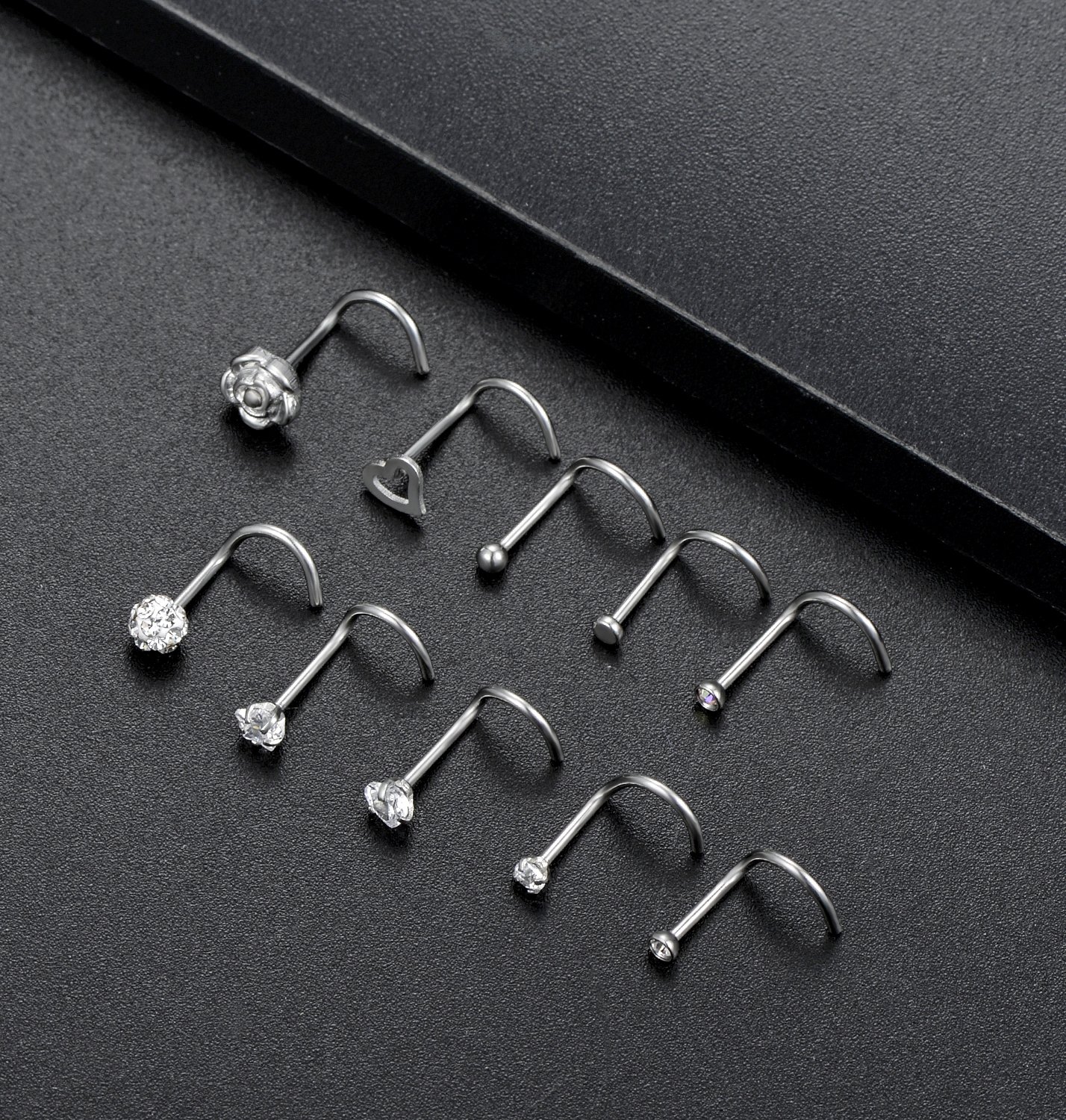 Tornito 20G 20Pcs Stainless Steel Nose Screw Studs Rings CZ Nose Ring Labret Nose Piercing Jewelry for Men Women (A1:20Pcs)