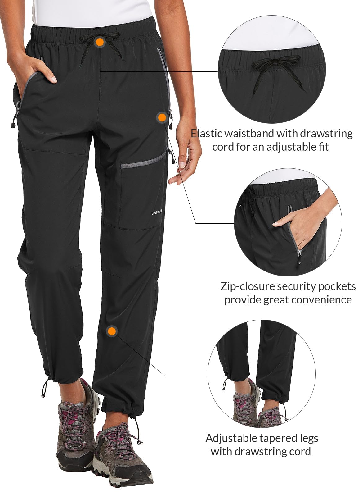 BALEAF Women's Hiking Pants Quick Dry Water Resistant Lightweight Joggers Pant for All Seasons Elastic Waist Black Size XL