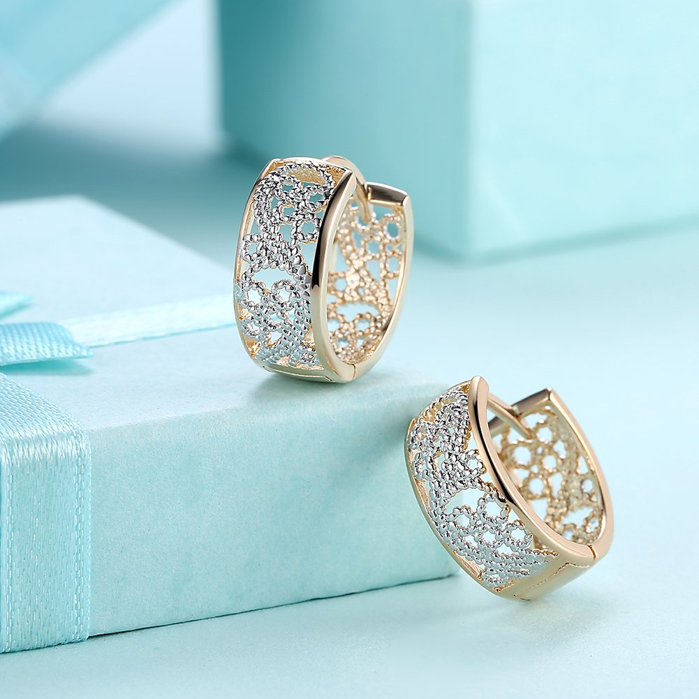 14K Gold Silver Wide Filigree Hoop Earrings Hollow Carved Flower Texture Earrings For Womens Men