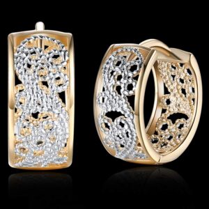 14K Gold Silver Wide Filigree Hoop Earrings Hollow Carved Flower Texture Earrings For Womens Men