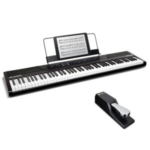 digital piano bundle - electric keyboard with 88 semi weighted keys, built-in speakers, 5 voices and sustain pedal – alesis recital and m-audio sp-2