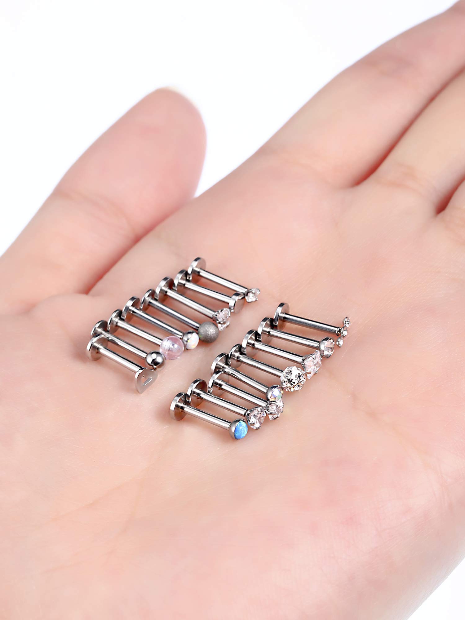 Chuangdi 16 Pieces 16 G Labret Nose Studs Piercing Lips Stainless Steel Tragus Nose Assorted Design Piercing Jewelry for Women (Silver)