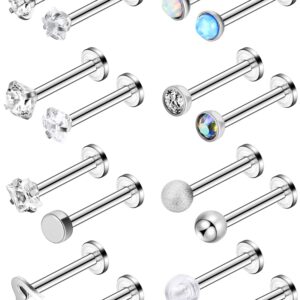 Chuangdi 16 Pieces 16 G Labret Nose Studs Piercing Lips Stainless Steel Tragus Nose Assorted Design Piercing Jewelry for Women (Silver)