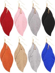 jovitec 8 pairs leather feather earrings teardrop earrings leather lightweight leaf earrings for women girls soft suede bohemian feather shape earrings tassel dangles fringe wing, 8 colors