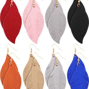 Jovitec 8 Pairs Leather Feather Earrings Teardrop Earrings Leather Lightweight Leaf Earrings for Women Girls Soft Suede Bohemian Feather Shape Earrings Tassel Dangles Fringe Wing, 8 Colors