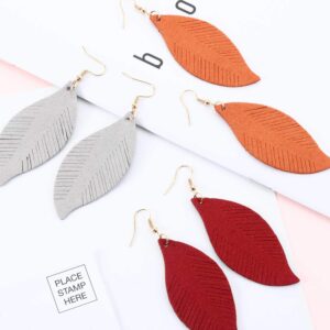 Jovitec 8 Pairs Leather Feather Earrings Teardrop Earrings Leather Lightweight Leaf Earrings for Women Girls Soft Suede Bohemian Feather Shape Earrings Tassel Dangles Fringe Wing, 8 Colors