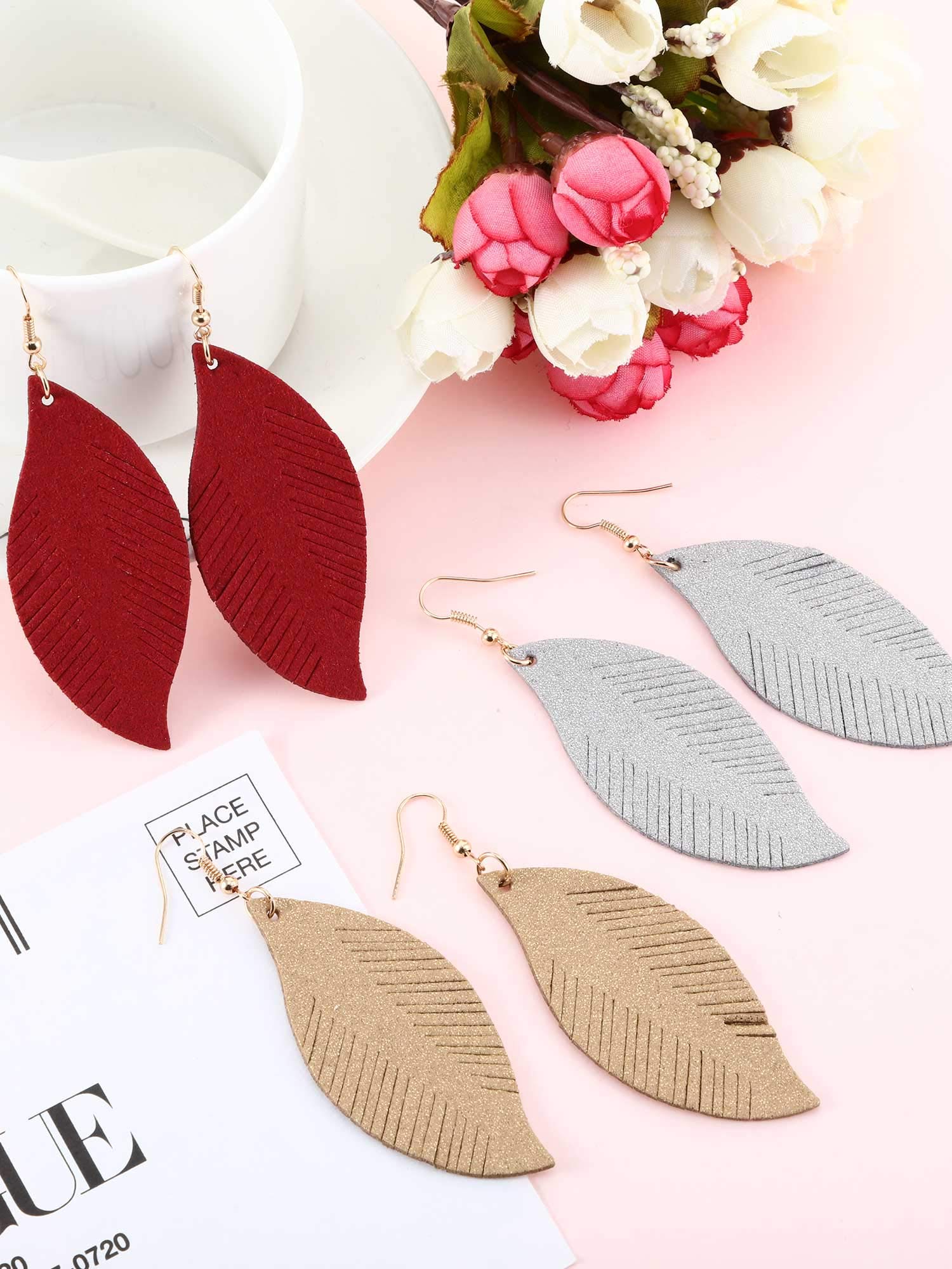 Jovitec 8 Pairs Leather Feather Earrings Teardrop Earrings Leather Lightweight Leaf Earrings for Women Girls Soft Suede Bohemian Feather Shape Earrings Tassel Dangles Fringe Wing, 8 Colors