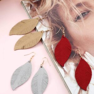 Jovitec 8 Pairs Leather Feather Earrings Teardrop Earrings Leather Lightweight Leaf Earrings for Women Girls Soft Suede Bohemian Feather Shape Earrings Tassel Dangles Fringe Wing, 8 Colors