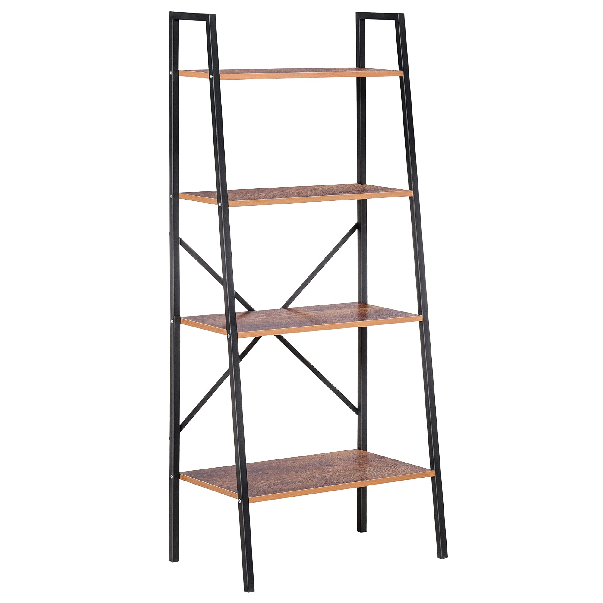 HOMCOM Industrial 4 Tier Ladder Shelf Bookshelf Vintage Storage Rack Plant Stand with Wood Metal Frame for Living Room Bathroom, Distressed Brown