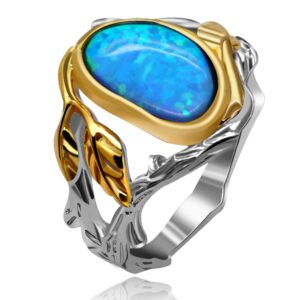 Uloveido Atique Craft Oval Cut Blue Fire Opal Ring 2 Tones Split Shank Leaf Tree Ring for Women Mom (Size 9) RA503