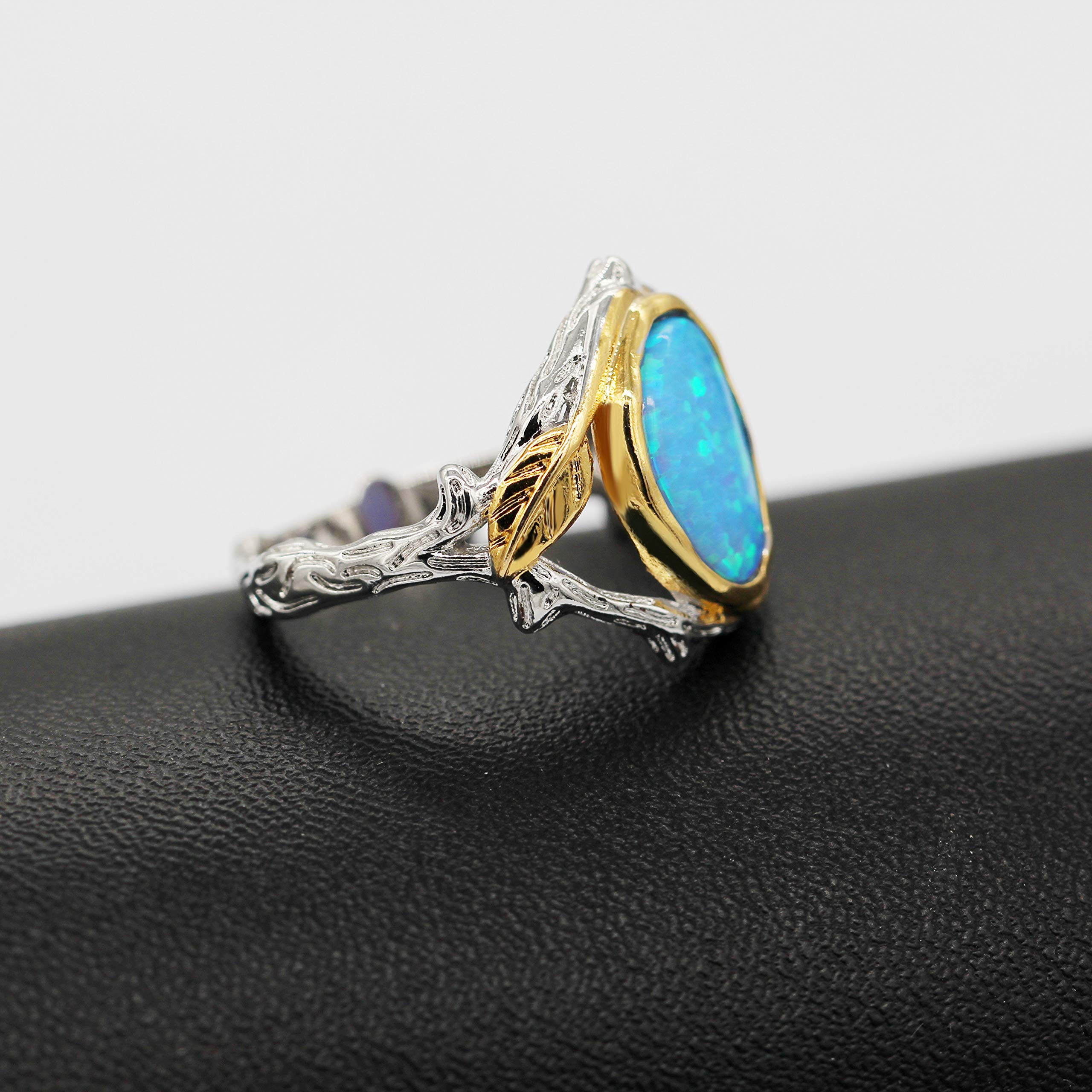 Uloveido Atique Craft Oval Cut Blue Fire Opal Ring 2 Tones Split Shank Leaf Tree Ring for Women Mom (Size 9) RA503