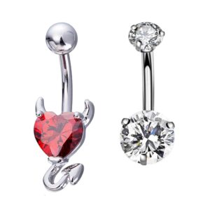 YHMM Devil Heart Belly Button Rings 14G Surgical Steel Navel Barbells Stud For Body Piercing (2 Pcs Devil Red+Round Clear)