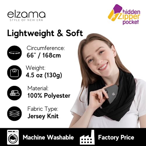 elzama Infinity Loop Solid Color Scarf With Hidden Zipper Pocket For Women - Lightweight Travel Neck Wrap