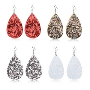 GIMEFIVE 4 Pairs Leather Teardrop Glitter Sequins Earring Lightweight Leaf Drop Bohemian Hollow Earrings For Women (Red+Gold+Silver+White)