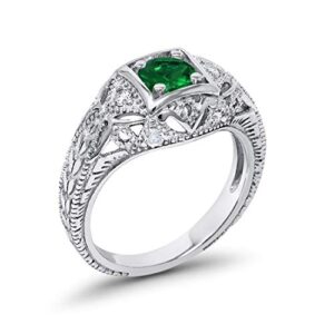 Blue Apple Co. Art Deco Antique Style Wedding Engagement Ring Simulated Emerald Round Cubic Zirconia 925 Sterling Silver, Size-8