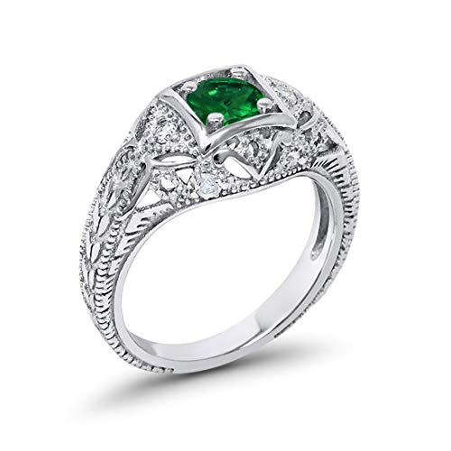 Blue Apple Co. Art Deco Antique Style Wedding Engagement Ring Simulated Emerald Round Cubic Zirconia 925 Sterling Silver, Size-8